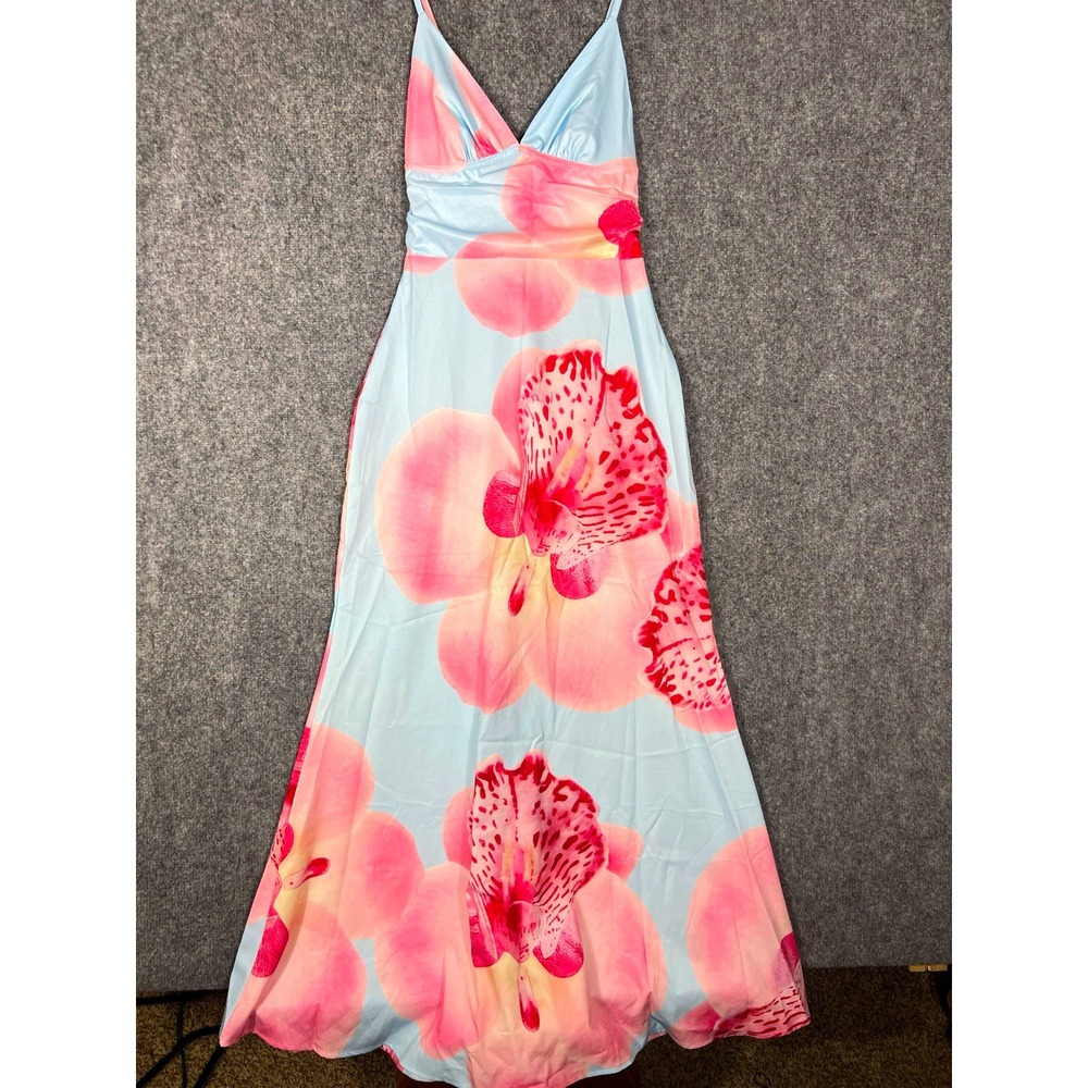 Light Blue Pink Floral V-Neck Strappy Sleeveless Maxi Dress Women's Size S